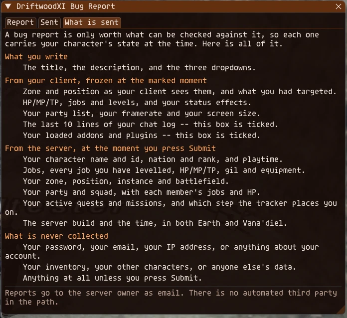 The DWReport add-on's What is sent tab, listing every piece of state a report carries and what is never collected.