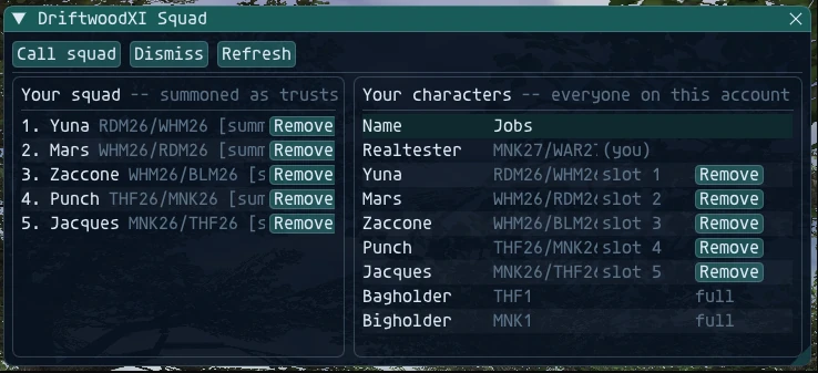 The DWSquad window: five squad members summoned as trusts on the left, every character on the account on the right, each with a button to add or remove it.